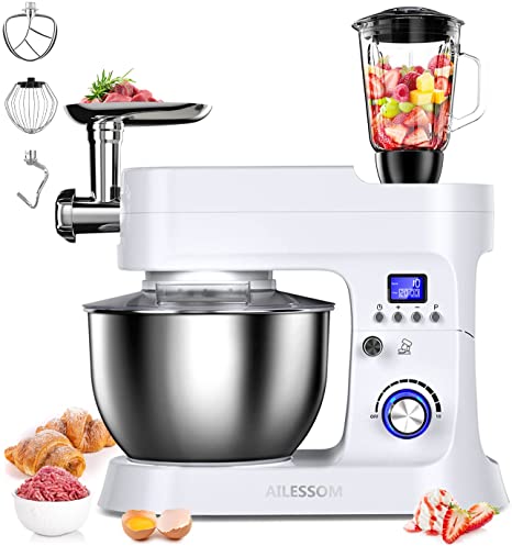 Photo 1 of AILESSOM 8-IN-1 Electric Stand Mixer, 800W 10-Speed With LCD Timer, Attachments include 6.5QT Bowl, Dough Hook, Wire Whip, Beater, Blender, Meat Grinder, Pasta maker, Sausage Kits for Most Home Cooks
