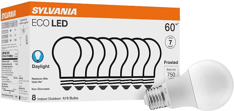 Photo 1 of SYLVANIA ECO LED A19 Light Bulb, 60W Equivalent, Efficient 9W, 7 Year, 750 Lumens, Non-Dimmable, Frosted, 5000K, Daylight - 8 Pack (40883)
