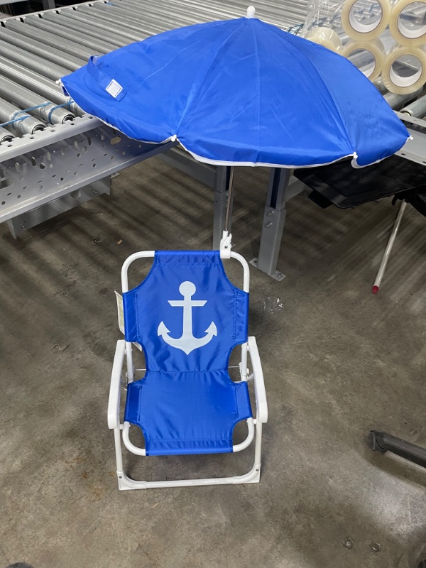 Photo 2 of Heritage Kids Outdoor Beach Chair for Kids with Clip on Umbrella, Blue Anchor
**umbrella is damaged 