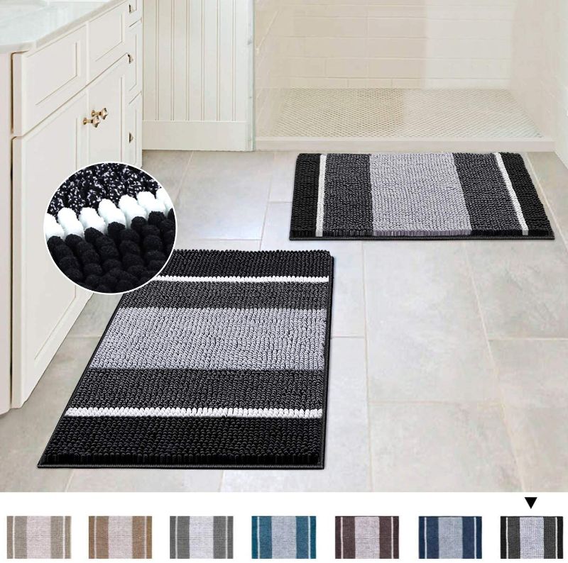 Photo 1 of  Bath Rug Set 2 Piece for Bathroom Bath Mats Non Slip Bouncy Chenille Ombre Dyeing Bath Rugs Rectangle, Water Absorbent Striped Shag Mat