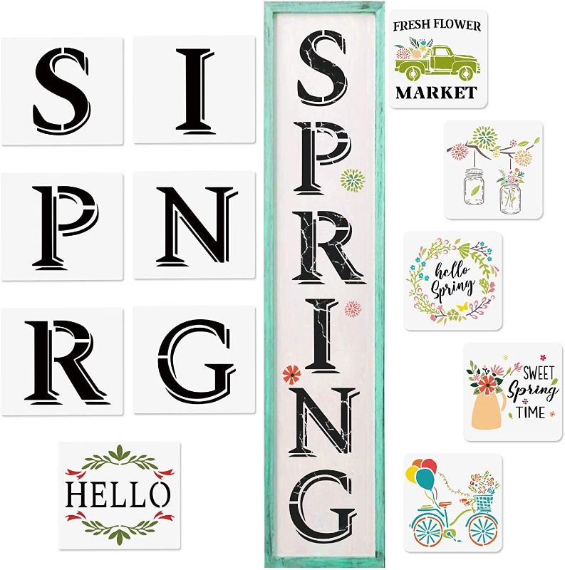 Photo 1 of 5 PCK-Large Spring Letter Sign Stencils - 12 Pcs Reusable Plastic Stencils for Painting on Wood Including Spring Wreath Bicycle Mason Flowers Spring Letter Stencils for Front Door Porch Sign Easter Sign
