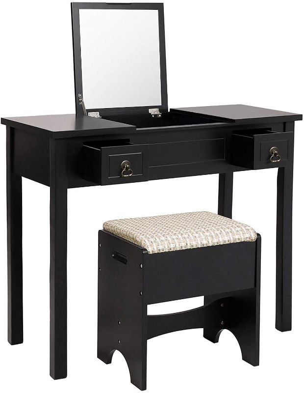 Photo 1 of **DAMAGED**
VASAGLE Vanity Set with Flip Top Mirror Makeup Dressing Table Writing Desk with 2 Drawers Cushioned Stool 3 Removable Organizers Easy Assembly, Black
