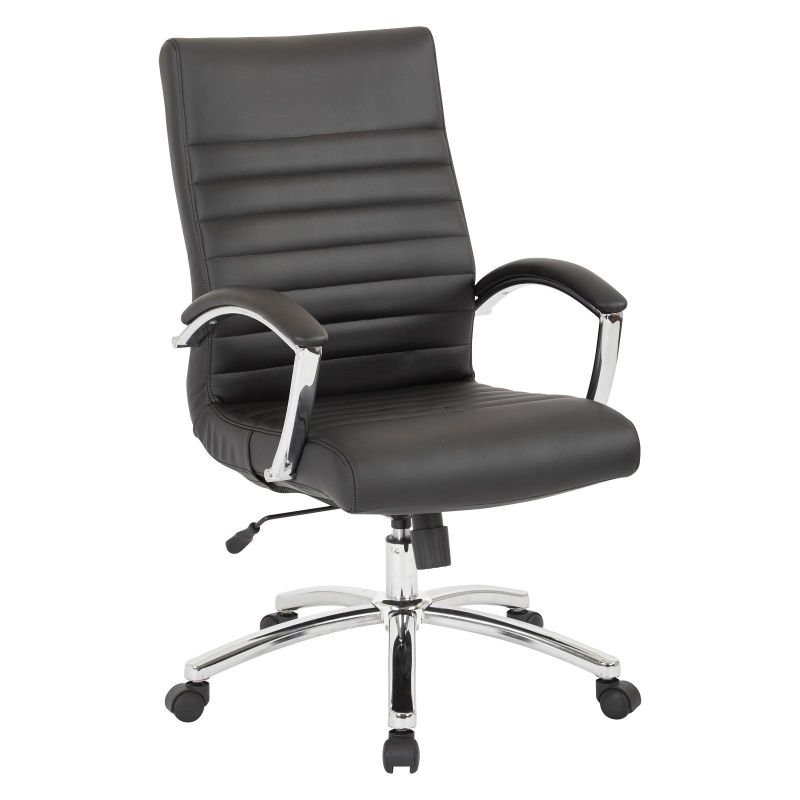 Photo 1 of Work Smart Black Faux-leather Executive Mid-back Chair with Padded Arms and Chrome-finished Base
