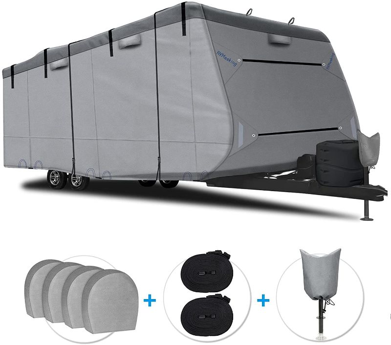 Photo 1 of ***OPEN BOX***
RVMasking 6 Layers Top Heavy Duty RV Cover Travel Trailer Cover Windproof Camper Cover Fits Up to 15' RV with 4 Tire Covers, Tongue Jack Cover, 2 Extra Straps, Gutter Cover...
