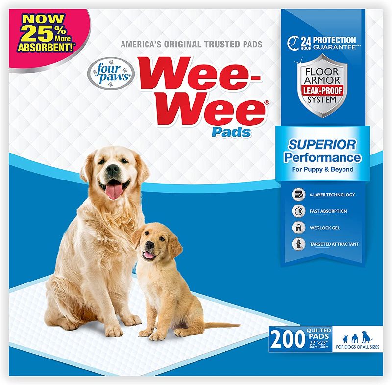 Photo 1 of ***OPEN BOX***
Four Paws Wee-Wee Pee Pads for Dogs and Puppies l Gigantic, XL, Standard & Little Absorbent Pee Pads for Training Puppies, Leak-Proof 6-Layer Technology, 24 Hour Protection Guaranteed
