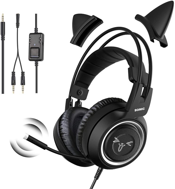 Photo 1 of SOMIC Stereo Gaming Headset with Mic for PS4, PS5, Xbox One, PC, Mobile Phone, 3.5MM Sound Detachable Cat Ear Headphones Lightweight Self-Adjusting Over Ear Office Headphones G951S Black
