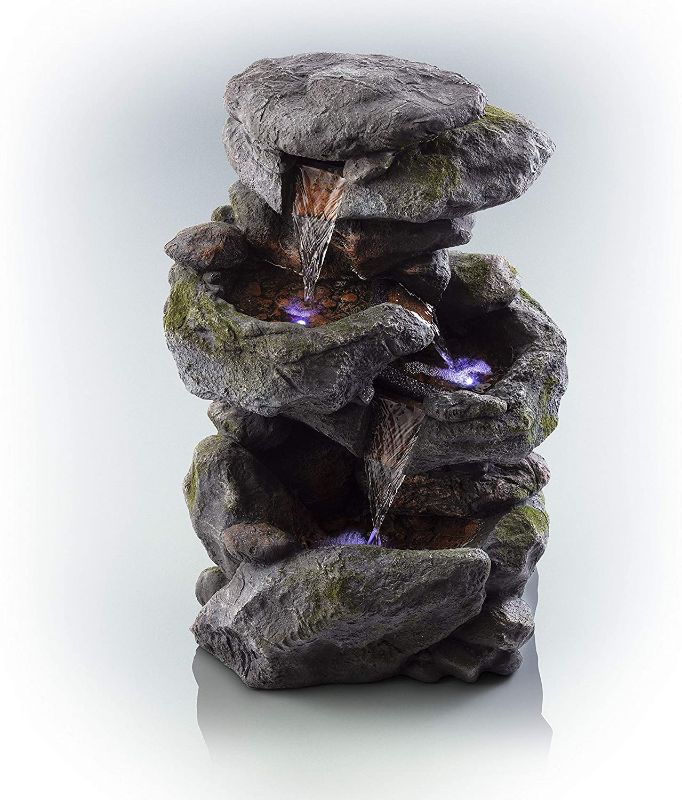 Photo 1 of (Major Damage - Parts Only) Alpine Corporation WIN582 Tall Outdoor 3-Tier Rock Waterfall Fountain with LED Lights, 15"L x 13"W x 22"H, Gray/Beige
