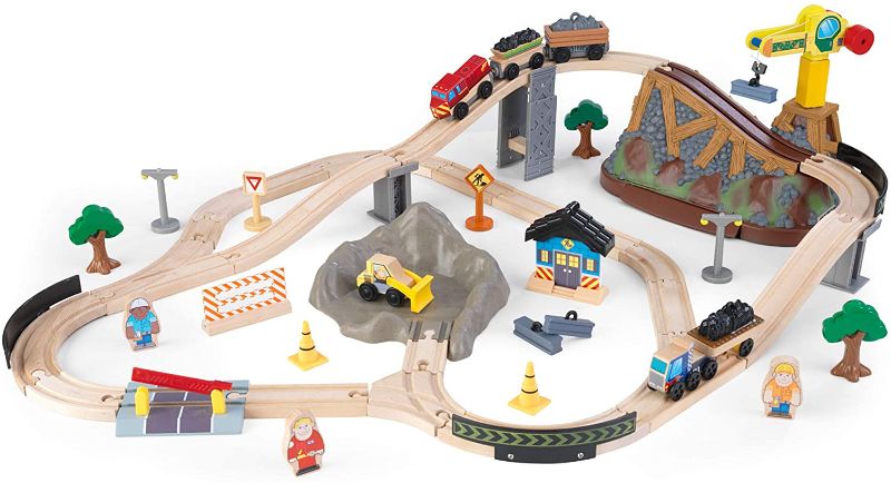 Photo 1 of KidKraft Bucket Top Construction Wooden Train Set with Bulldozer, Working Crane, Tracks, Storage and 61 Play Pieces, Gift for Ages 3+
