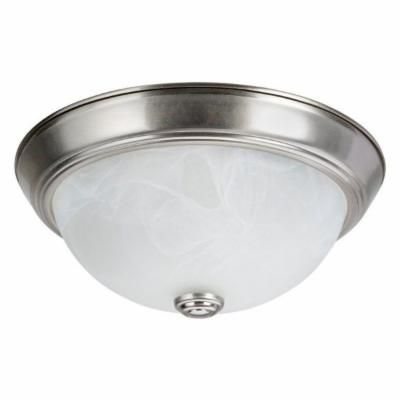 Photo 1 of 11 in. 2-Light Brushed Nickel Flushmount with White Alabaster Glass Diffuser
