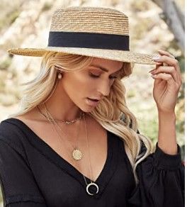 Photo 1 of FEMSÉE Straw Beach Hat - Sun Hats for Women and Men Flat Top Classic Boater Hat
BLACK  (ONE SIZE ) 