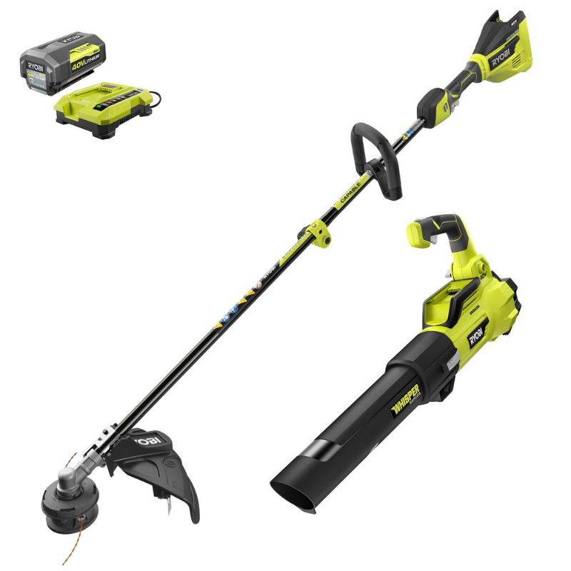 Photo 1 of RYOBI 40V Brushless Cordless Battery String Trimmer and Jet Fan Blower Combo Kit (2-Tools) with 4.0 Ah Battery and Charger
