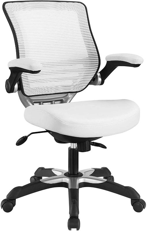 Photo 1 of Modway Edge Mesh Back and White Vinyl Seat Office Chair With Flip-Up Arms - Computer Desks in White
