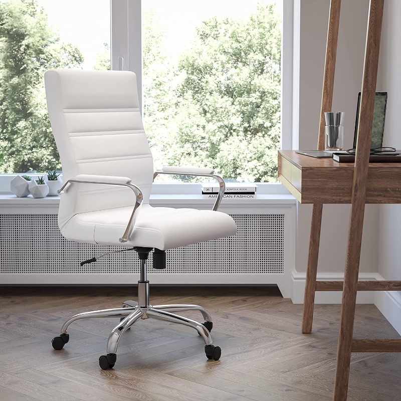 Photo 1 of Flash Furniture High Back Desk Chair - White LeatherSoft Executive Swivel Office Chair with Chrome Frame - Swivel Arm Chair