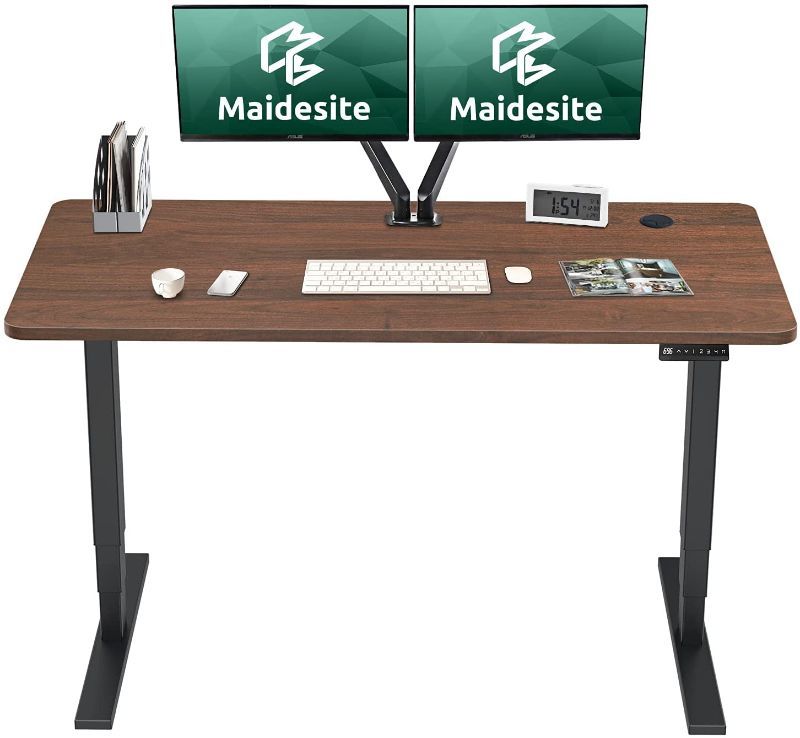 Photo 1 of **parts only *missing hardware and components *
  MAIDeSITe Electric Height Adjustable Standing Desk, 3-Stage Dual Motor Ergonomic Sit Stand Desk, 47 x 24 Inches Full Sit Stand Home Office Table with Desktop, Black Frame/Walnut Top
