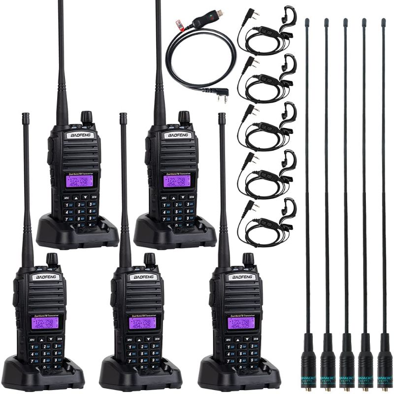 Photo 1 of 
BaoFeng UV-82 BaoFeng Radio Ham Radio 144-148/420-450Mhz 2 Way Radio with Driver Free Programming Cable and Long Antenna(5 Pack-Black)
Number of Channels	128
Number of Batteries	6 Lithium Polymer batteries required. (included)
Tuner Technology	UHF, VHF
W