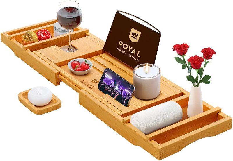 Photo 1 of Luxury Bathtub Caddy Tray, 1 or 2 Person Bath and Bed Tray, Bath Tub Table Caddy with Extending Sides - Free Soap Dish (Natural)
