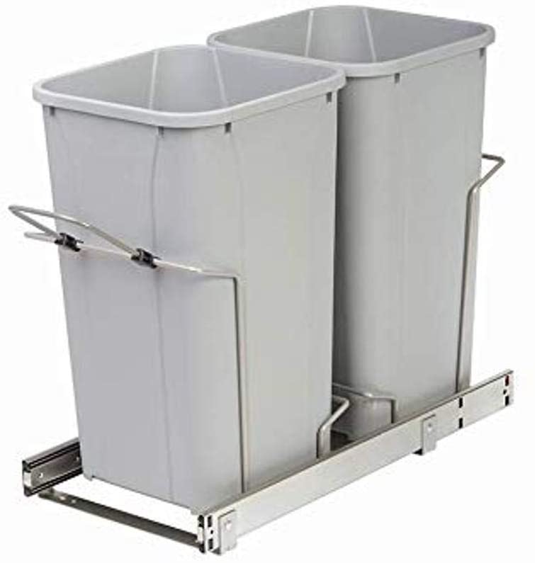 Photo 1 of **MISSING PARTS** Knape and Vogt 11 in. x 22 in. x 18.75 in. 27 Qt. in-Cabinet Double Soft-Close Bottom-Mount Pull-Out Trash Can - Platinum