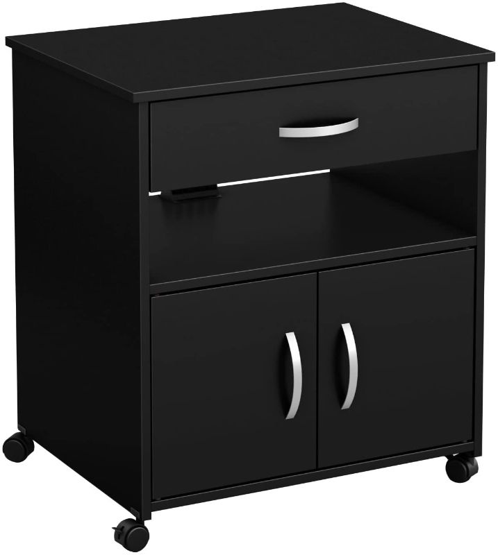 Photo 1 of **MINOR DAMAGE* South Shore 2-Door Printer Stand with Storage on Wheels, Pure Black, 19 75 L x 26 W x 27 25 H,
