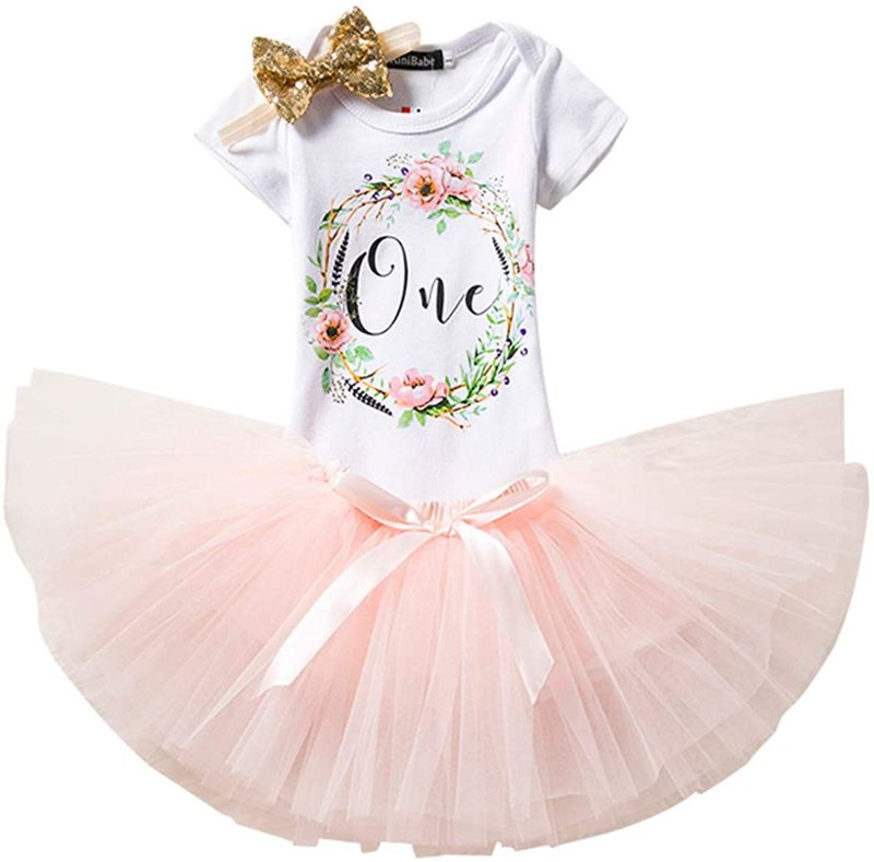 Photo 1 of NNJXD Baby Girls 1st Birthday Unicorn Outfits Set Rainbow Tutu Skirt+ Unicorn T-Shirt+ Flower Headband- 1T 
