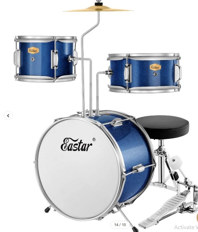 Photo 1 of ***INCOMPLETE***Eastar 14" Complete 3-Piece Drum Set with Hardware and Cymbals Throne Pedal Drum Sticks, Sparkle Metallic Color for Kids/Junior
