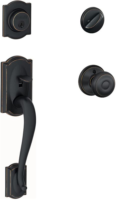 Photo 1 of Schlage F60 V CAM 716 GEO Camelot Front Entry Handleset with Georgian Knob, Deadbolt Keyed 1 Side, Aged Bronze
