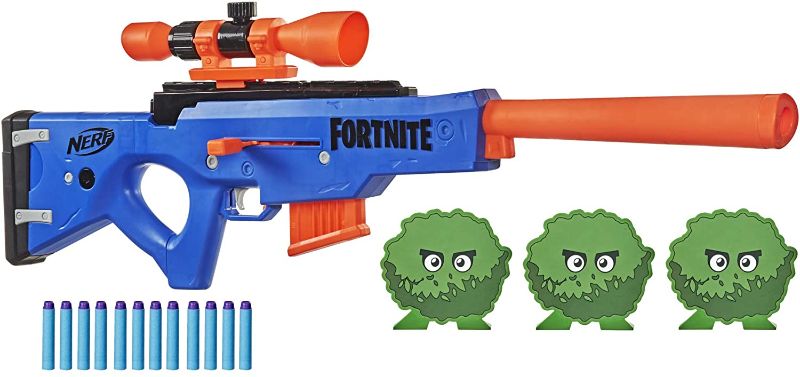 Photo 1 of NERF Fortnite BASR-R Bolt Action Blaster -- Includes 3 Bush Targets, Removable Scope, Removable 6-Dart Clip, 6 Official Elite Darts
