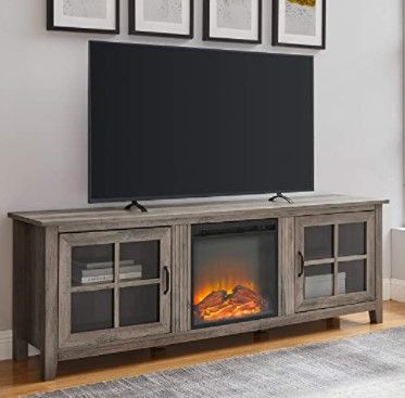 Photo 1 of Walker Edison Bern Classic 2 Glass Door Fireplace TV Stand for TVs up to 80 Inches, 70 Inch, Grey Wash
DAMAGED
