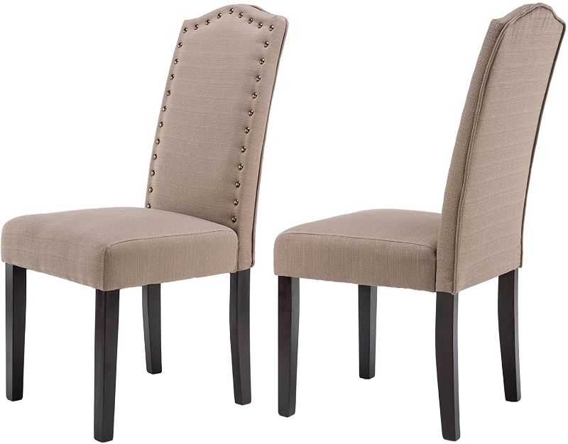 Photo 1 of **MISSING HARDWARE, ONE CHAIR LEG IS SPLINTERD**
LSSBOUGHT Set of 2 Luxurious Fabric Dining Chairs with Copper Nails and Solid Wood Legs (Light BEIGE)