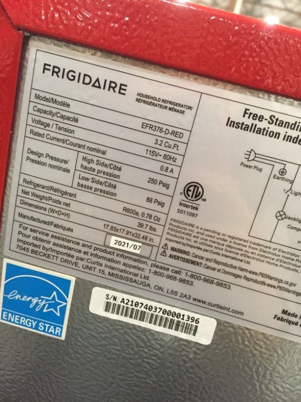 Photo 5 of ***PARTS ONLY*** Frigidaire 3.2 Cu. Ft. Retro Compact Refrigerator with Side Bottle Opener EFR376, Red