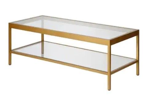 Photo 1 of Alexis 45 in. Brass Large Rectangle Glass Coffee Table with Shelf
