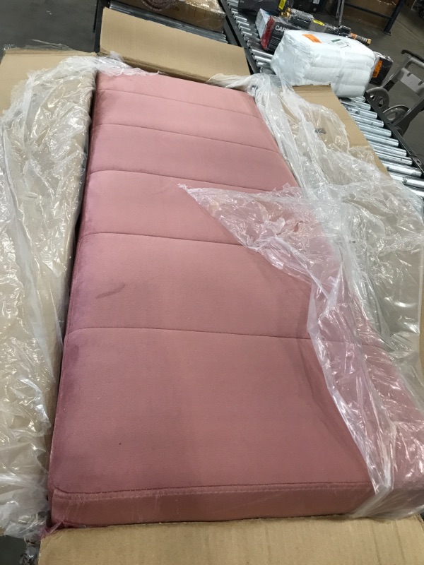 Photo 2 of 24KF BLUSH VELVET UPHOLSTERED TUFTED CHANNEL BENCH, VELVET CUSHION WITH GOLDEN METAL FRAME -BLUSH/GOLDEN
