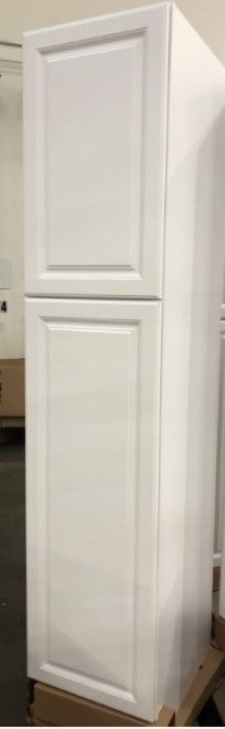 Photo 2 of (SCRATCHED UPPER SURFACES; DENTED LOWER CORNER) HAMPTON BAY HAMPTON SATIN WHITE RAISED PANEL STOCK ASSEMBLED PANTRY KITCHEN CABINET (18 IN. X 84 IN. X 24 IN.)
