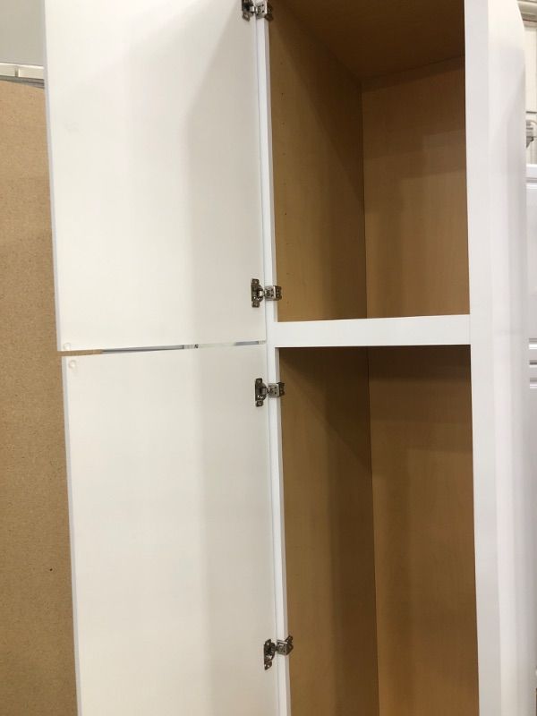 Photo 3 of (SCRATCHED UPPER SURFACES; DENTED LOWER CORNER) HAMPTON BAY HAMPTON SATIN WHITE RAISED PANEL STOCK ASSEMBLED PANTRY KITCHEN CABINET (18 IN. X 84 IN. X 24 IN.)
