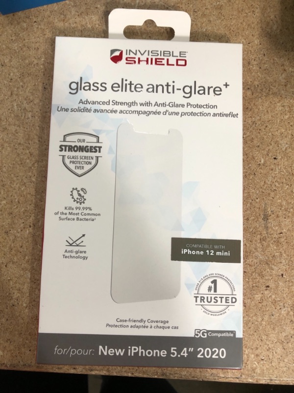 Photo 2 of ZAGG InvisibleShield Glass Elite Anti-Glare Plus - Blocks Glare from your device - Made for iPhone 12 Mini, Clear, 200106676 2.36 x 6.14 inches

