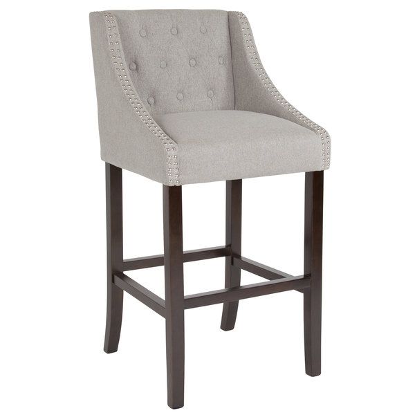 Photo 1 of ***MISSING FRONT LEGS*** Flash Furniture CH-182020-T-30-LTGY-F-GG Carmel Series Light Gray Tufted Fabric Bar Stool with Walnut Frame and Nail Trim Accent
