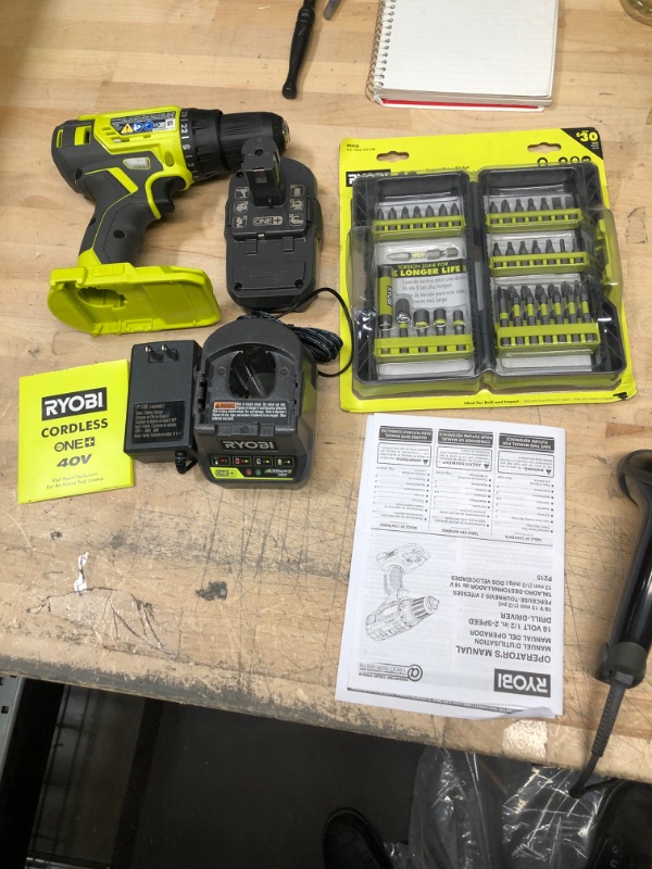 Photo 2 of BUNDLE
RYOBI
ONE+ 18V Lithium-Ion Cordless 1/2 in. Drill/Driver Kit with (1) 1.5 Ah Battery and 18V Charger AND Bit Set!