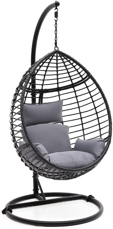 Photo 1 of ***HARDWARE LOOSE IN BOX** SereneLife Hanging Egg Indoor Outdoor Patio Wicker Rattan Lounge Chair with Stand, Steel Frame, UV Resistant Washable Cushions for Garden Backyard Deck Sunroom SLGZ0EGG (Gray)
