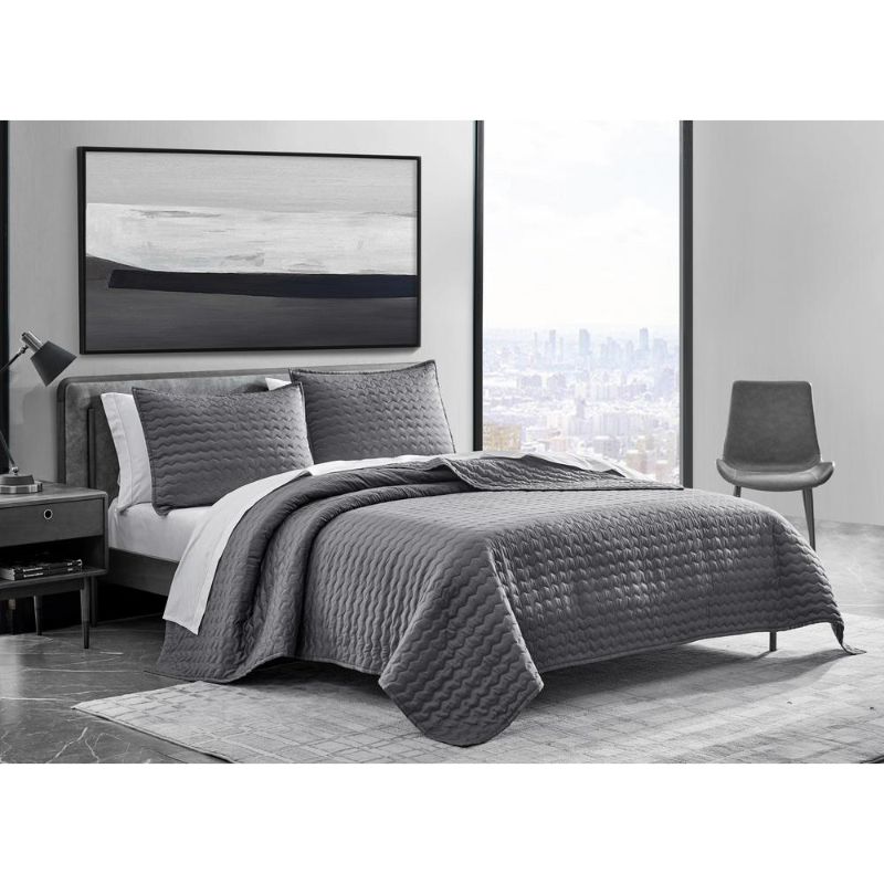Photo 1 of ***BRAND NEW, FACTORY PACKAGED** Herringbone Stitch 3-Piece Charcoal Gray Cotton King Quilt Set
