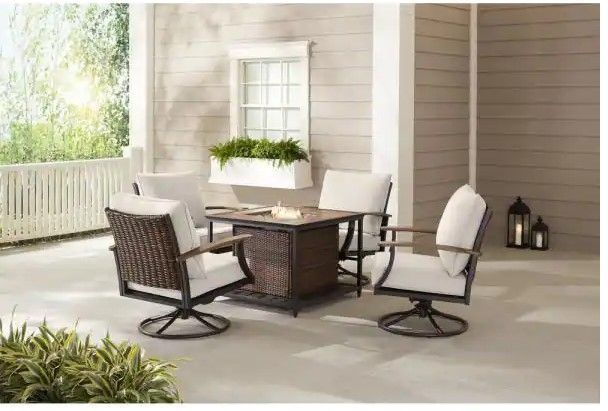 Photo 1 of **STOCK PHOTO IS FOR REFERENCE ONLY** Fiddler's Creek 4-Piece Brown Metal Outdoor Patio Chair Set with Cushion Guard Almond Cushions
