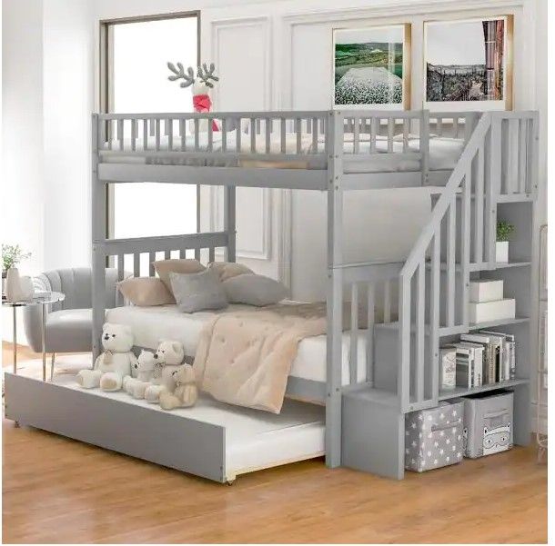 Photo 1 of *INCOMPLETE BOX 2 OF 3** - Gray Twin Over Twin Bunk Bed with Trundle and Storage Shelves
