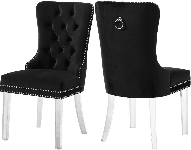 Photo 1 of **ONE LEGS IS BROKEN** Meridian Furniture Miley Collection Modern | Contemporary Velvet Upholstered Dining Chair with Deep Button Tufting and Sturdy Acrylic Lucite Legs, Set of 2, Black, 21.5" W x 27" D x 40" H
