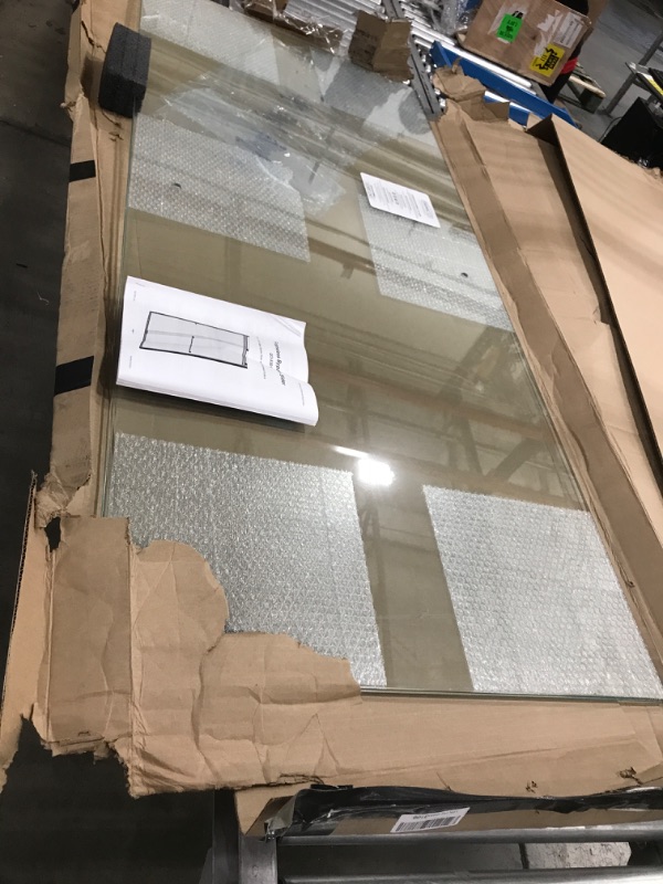 Photo 2 of (BENT METAL ENDS; DAMAGED GLASS CORNER) 
Frameless Bypass Slider (2 glass: 69" X 30.5" per glass)
QCI-5329
3/8” or 1/4” Glass Bypass Slider with Exposed Rollers