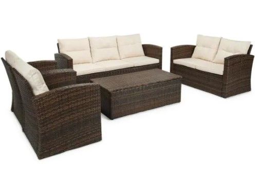 Photo 1 of (INCOMPLETE) 
(BOX 2OF2)
(REQUIRES BOX1 FOR COMPLETION)
5-Piece Wicker Patio Sectional Sofa Set with Beige Cushions
