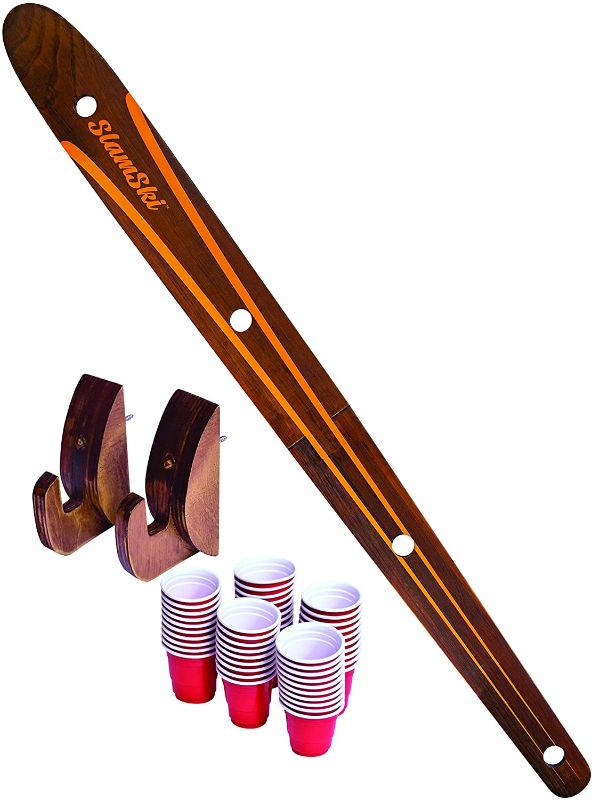 Photo 1 of **DAMAGED**
GoPong Slamski - Retro and Vintage Wood Design 4 Person Drinking Ski with 50 Plastic Shot Glasses
