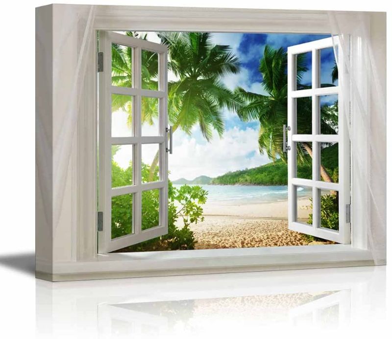 Photo 1 of **DAMAGED**
wall26 Glimpse into Beautiful Tropical Beach with Palm Trees Out of Open Window/Home Decoration Stretched Gallery Canvas Wrap Giclee Print & Ready to Hang - 32" x 48"
