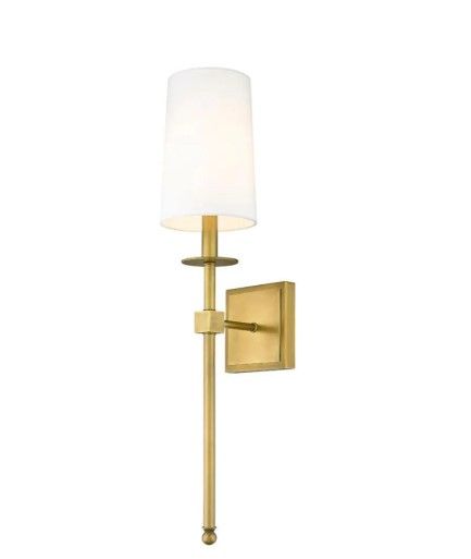 Photo 1 of 1-Light Rubbed Brass Wall Sconce with White Fabric Shade
