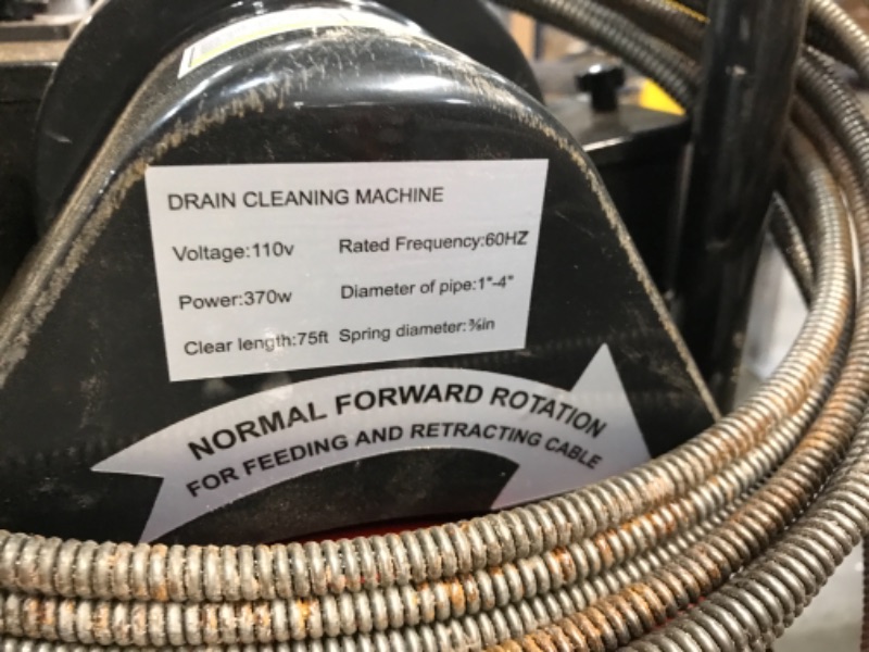 Photo 5 of **PARTS ONLY**
VEVOR Electric Drain Auger 50FT x 1/2In. Drain Cleaner Machine, 250W Sewer Snake Machine, Fit 2''- 4''/51mm-102mm Pipes, w/4 Wheels & Cutters & Foot Switch, for Drain Cleaners Plumbers
