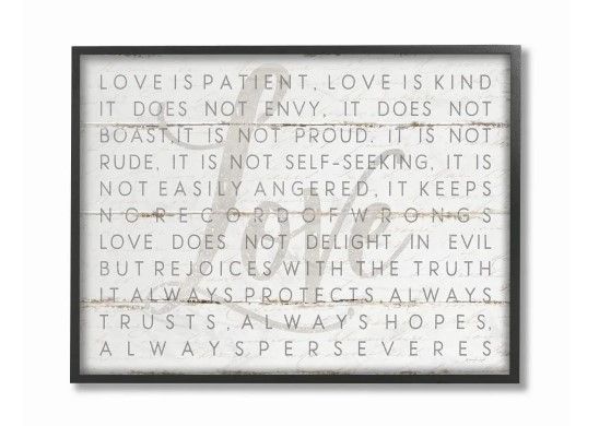 Photo 1 of 16 in. x 20 in. "Love Is Patient Grey on White Planked Look" by Jennifer Pugh Framed Wall Art
