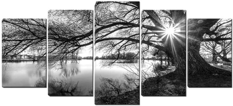 Photo 1 of 5 Panels Black White Tree Canvas Wall Art - Lake in Surise Time Landscape Canvas Pictures for Wall Framed Painting for Bedroom Living Room Office Ready to Hang
