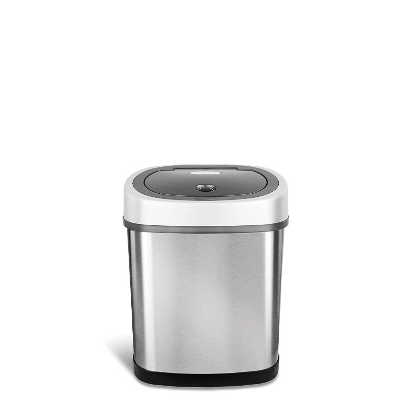 Photo 1 of **DAMAGED**
NINESTARS DZT-12-9 Automatic Touchless Infrared Motion Sensor Trash Can, 3 Gal. 12 L., Stainless Steel (Oval, Silver/Black Lid)
